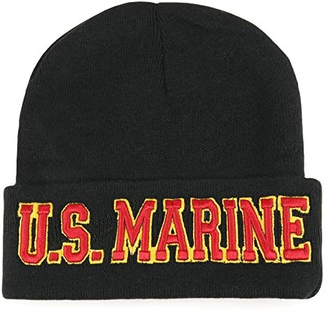 Trendy Apparel Shop US Marine Text 3D Embroidered Long Cuff Winter Beanie - Black