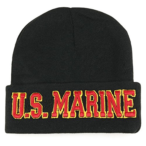 Trendy Apparel Shop US Marine Text 3D Embroidered Long Cuff Winter Beanie - Black