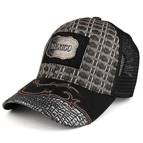 Trendy Apparel Shop Straw Design Metallic Mexico Logo Badge Trucker Mesh Baseball Cap