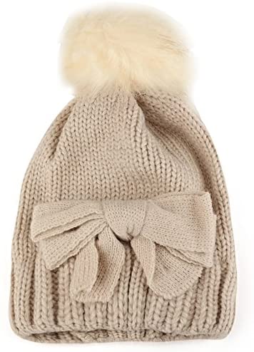Trendy Apparel Shop Kid's Girl Bow Knit Beanie with Fur Pom Pom