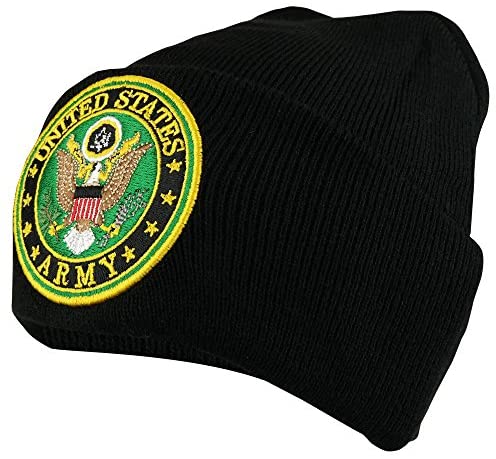 Trendy Apparel Shop United States Army Military Emblem Embroidered Long Cuff Beanie - Black