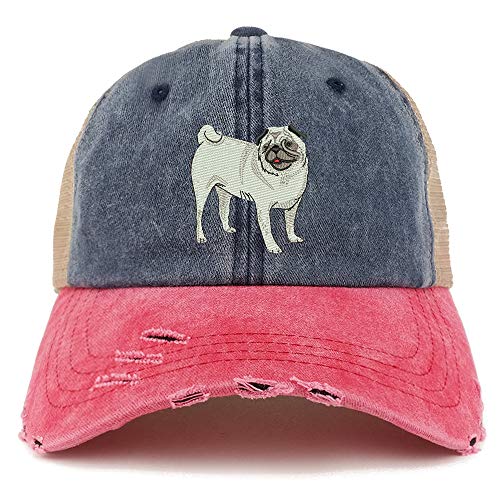 Trendy Apparel Shop Pug Dog Embroidered Frayed Bill Trucker Mesh Back Cap