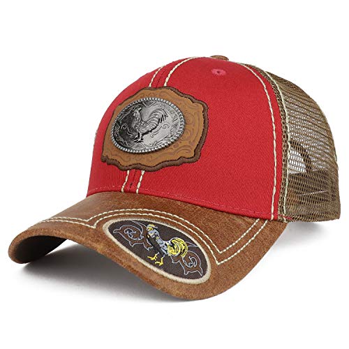 Trendy Apparel Shop Metallic Rooster Emblem Leather Patch Trucker Baseball Cap