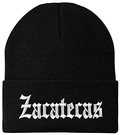 Trendy Apparel Shop Old English Zacatecas White Embroidered Acrylic Knit Beanie Cap