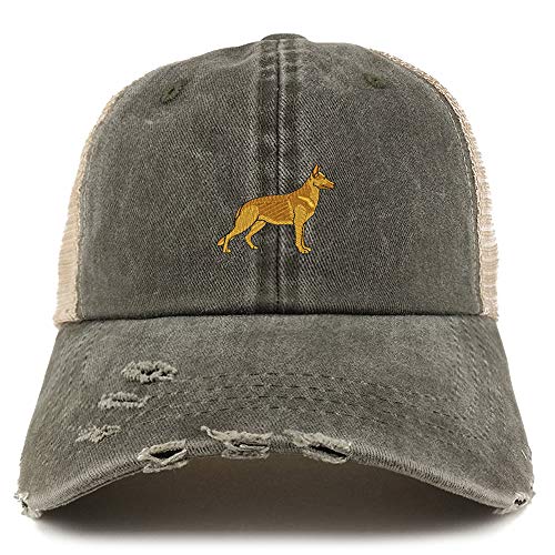 Trendy Apparel Shop German Shepherd Dog Embroidered Frayed Bill Trucker Mesh Back Cap