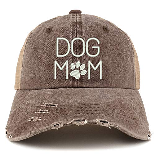 Trendy Apparel Shop Dog Mom with Paw Embroidered Frayed Bill Trucker Mesh Back Cap