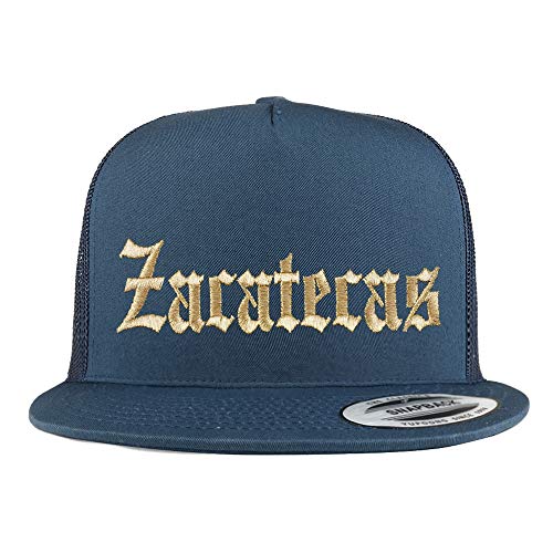 Trendy Apparel Shop Old English Zacatecas Gold Embroidered 5 Panel Flatbill Trucker Mesh Cap