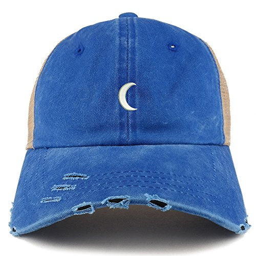 Trendy Apparel Shop Crescent Moon Embroidered Frayed Bill Trucker Mesh Back Cap