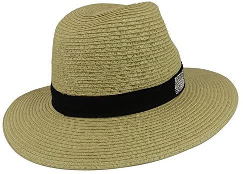 Trendy Apparel Shop Women's Paper Straw Panama Hat with Rhinestone Band