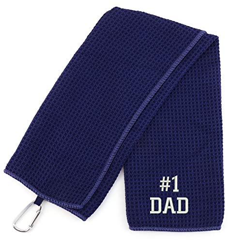 Trendy Apparel Shop Number #1 Dad Embroidered Trifold Waffle Textured Microfiber Gold Towel with Carabiner