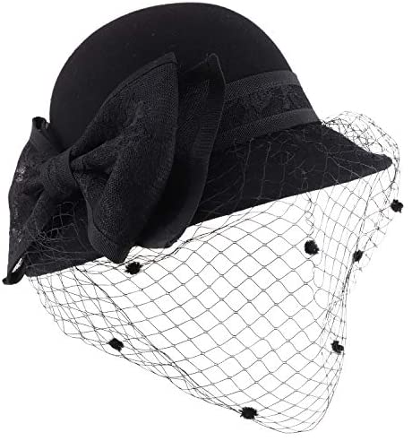 Trendy Apparel Shop Wool Felt Lace Bow Cloche Hat with Mesh Net
