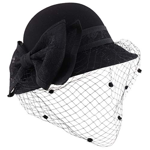 Trendy Apparel Shop Wool Felt Lace Bow Cloche Hat with Mesh Net
