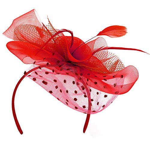 Trendy Apparel Shop Feather Trim and Swiss Dot Mesh Net Bow Fascinator