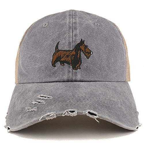 Trendy Apparel Shop Scottish Terrier Dog Embroidered Frayed Bill Trucker Mesh Back Cap