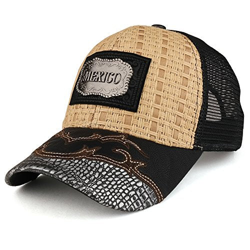 Trendy Apparel Shop Straw Design Metallic Mexico Logo Badge Trucker Mesh Baseball Cap