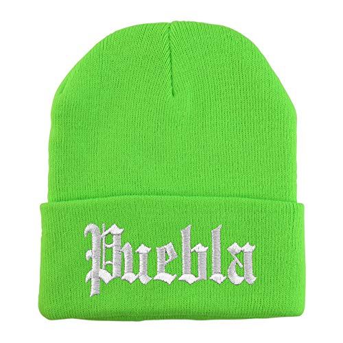 Trendy Apparel Shop Old English Puebla White Embroidered Acrylic Knit Beanie Cap