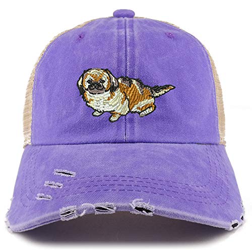 Trendy Apparel Shop Pekingese Dog Embroidered Frayed Bill Trucker Mesh Back Cap