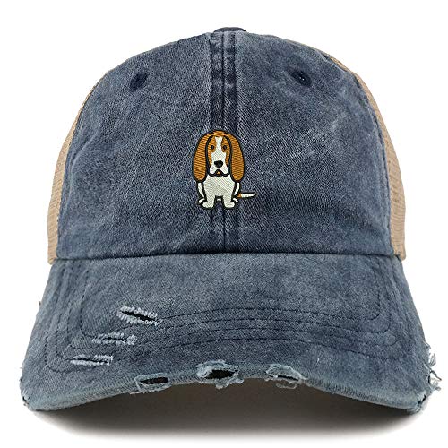 Trendy Apparel Shop Basset Hound Dog Embroidered Frayed Bill Trucker Mesh Back Cap