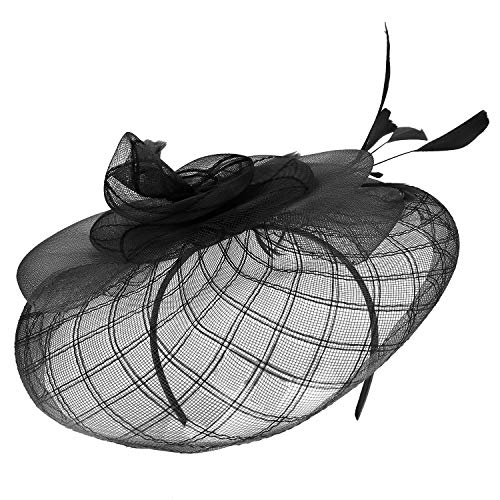 Trendy Apparel Shop Large Criss Cross Mesh Swirl Bow Fascinator with Feather