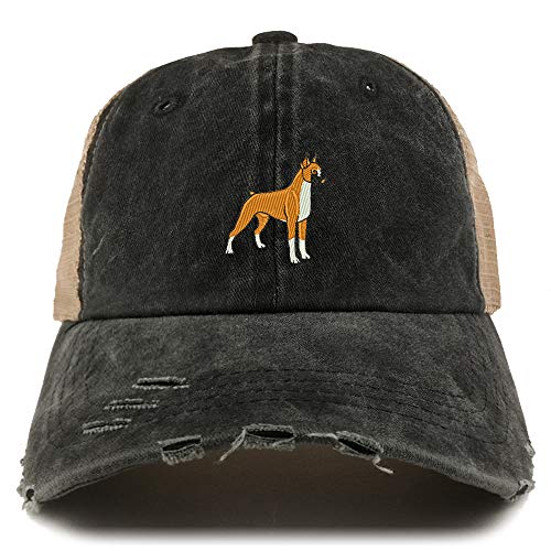 Trendy Apparel Shop Boxer Dog Embroidered Frayed Bill Trucker Mesh Back Cap