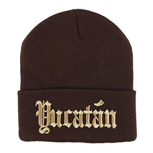 Trendy Apparel Shop Old English Yucatan Gold Embroidered Acrylic Knit Beanie Cap