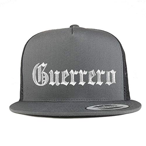 Trendy Apparel Shop Old English Guerrero White Embroidered 5 Panel Flatbill Trucker Mesh Cap