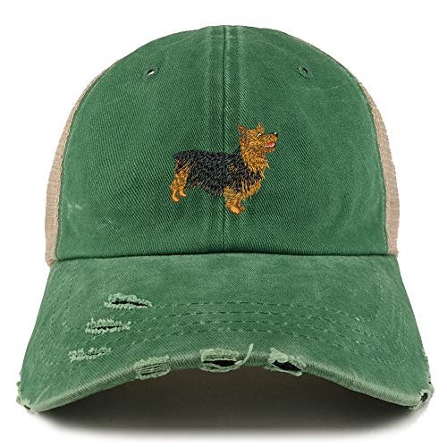 Trendy Apparel Shop Australian Terrier Dog Embroidered Frayed Bill Trucker Mesh Back Cap