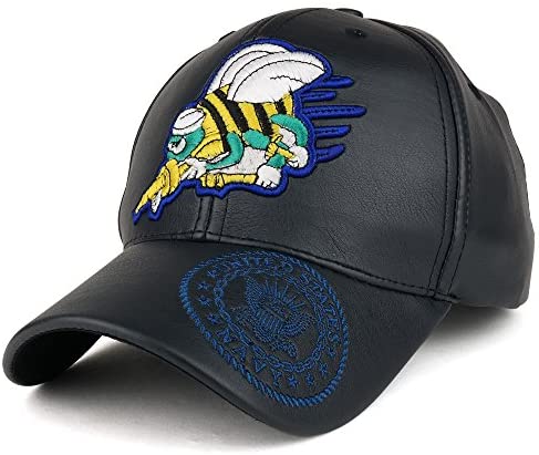 Trendy Apparel Shop US Navy Seabees 3D Embroidered PU Leather Military Baseball Cap - Navy