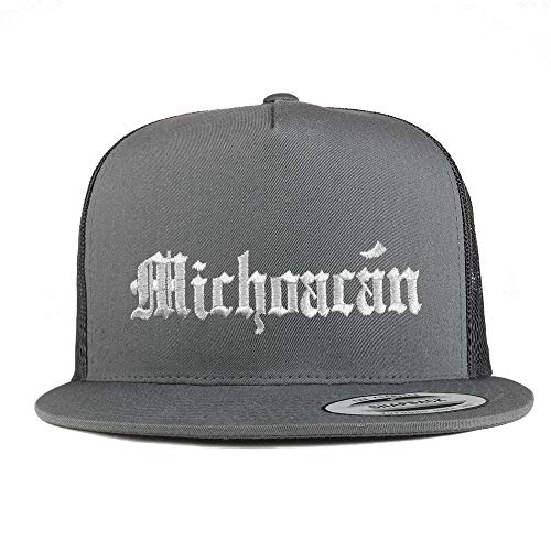 Trendy Apparel Shop Old English Michoacan White Embroidered 5 Panel Flatbill Trucker Mesh Cap