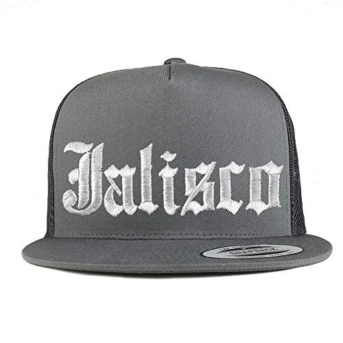 Trendy Apparel Shop Old English Jalisco White Embroidered 5 Panel Flatbill Trucker Mesh Cap