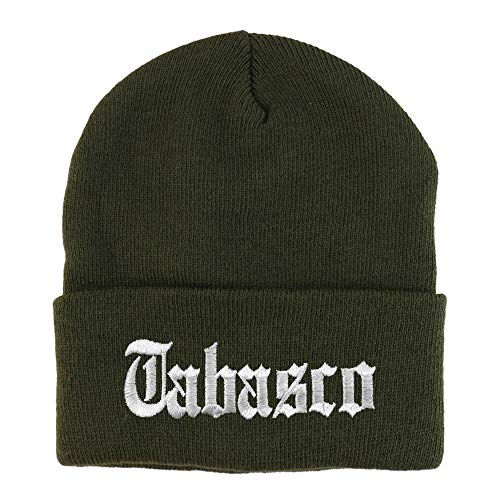 Trendy Apparel Shop Old English Tabasco White Embroidered Acrylic Knit Beanie Cap