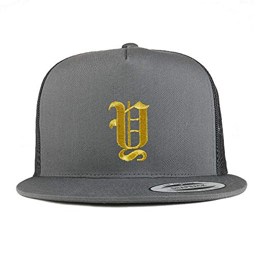 Trendy Apparel Shop Old English Gold Y Embroidered 5 Panel Flatbill Trucker Mesh Cap