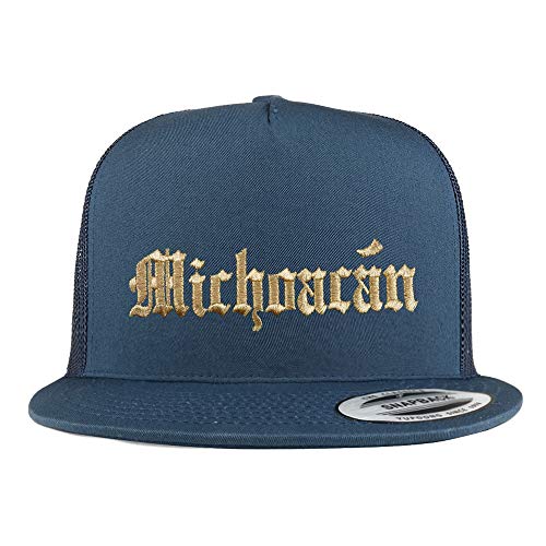 Trendy Apparel Shop Old English Michoacan Gold Embroidered 5 Panel Flatbill Trucker Mesh Cap