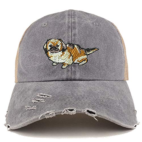 Trendy Apparel Shop Pekingese Dog Embroidered Frayed Bill Trucker Mesh Back Cap