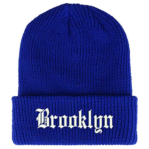Trendy Apparel Shop Old English Font Brooklyn City Embroidered Ribbed Cuff Knit Beanie