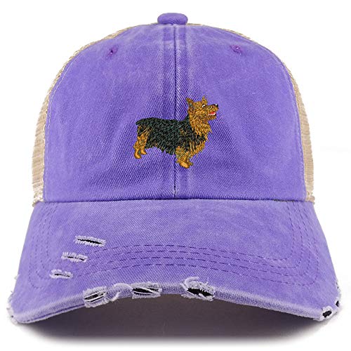 Trendy Apparel Shop Australian Terrier Dog Embroidered Frayed Bill Trucker Mesh Back Cap