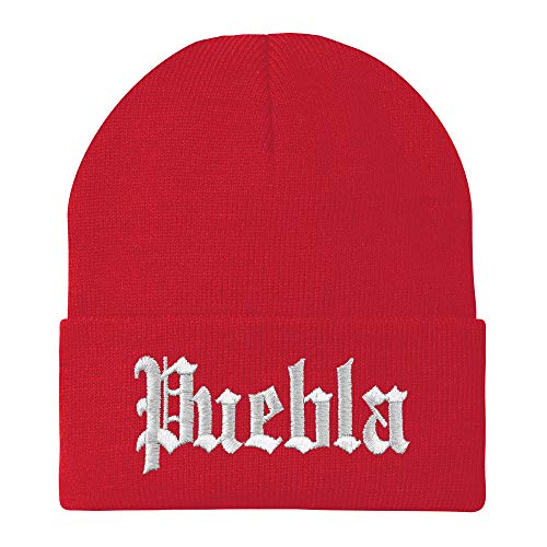 Trendy Apparel Shop Old English Puebla White Embroidered Acrylic Knit Beanie Cap