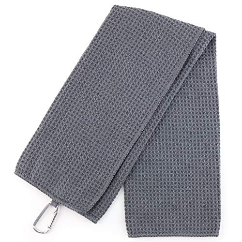 Trendy Apparel Shop Trifold Waffle Textured Microfiber Gold Towel with Carabiner