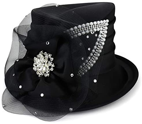 Trendy Apparel Shop Pearl Stone Brooch Satin Rosette Dress Church Hat