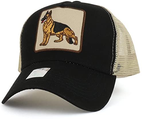 Trendy Apparel Shop German Shepherd Dog Embroidered Mesh Back Trucker Cap - Black Khaki