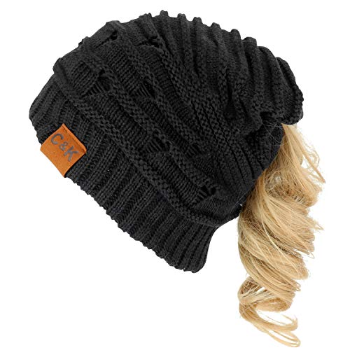 Trendy Apparel Shop 2 in 1 Winter Ponytail Slouchy Beanie Hat and Neck Warmer