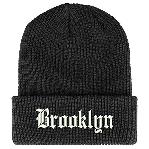 Trendy Apparel Shop Old English Font Brooklyn City Embroidered Ribbed Cuff Knit Beanie