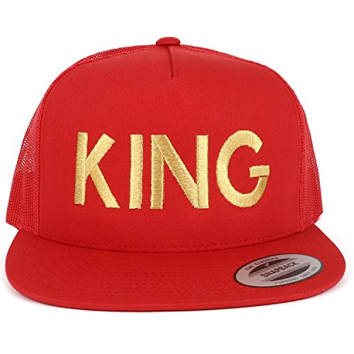 Trendy Apparel Shop King Gold Embroidered 5 Panel Flat Bill Mesh Cap