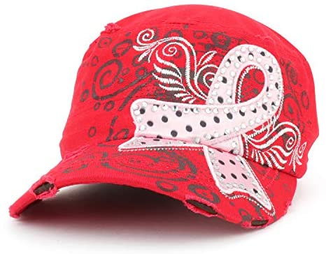 Trendy Apparel Shop Studded Pink Ribbon Breast Cancer Frayed Flat Top Style Army Cap