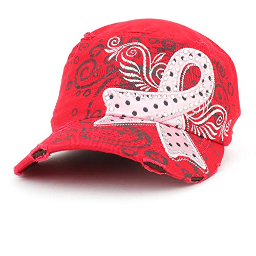 Trendy Apparel Shop Studded Pink Ribbon Breast Cancer Frayed Flat Top Style Army Cap