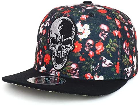 Trendy Apparel Shop Skull Embroidery Flower Printed Cotton Flatbill Snapback Cap - Black Black
