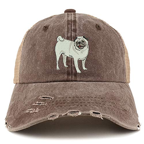 Trendy Apparel Shop Pug Dog Embroidered Frayed Bill Trucker Mesh Back Cap