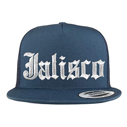 Trendy Apparel Shop Old English Jalisco White Embroidered 5 Panel Flatbill Trucker Mesh Cap