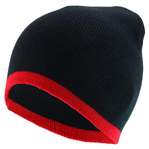 Trendy Apparel Shop Two Tone Color Bottom Striped Short Knit Winter Beanie Hat