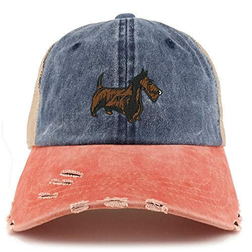 Trendy Apparel Shop Scottish Terrier Dog Embroidered Frayed Bill Trucker Mesh Back Cap